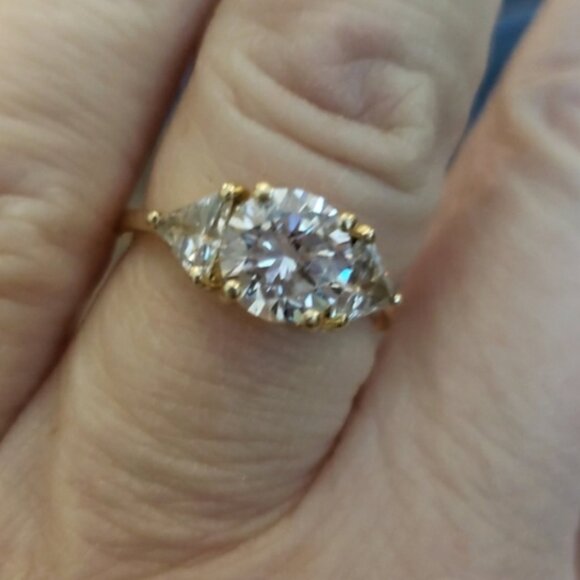 Round cut three stone ring. Simulated Round Stone Elevated Two Trillion Stones - Picture 5 of 9